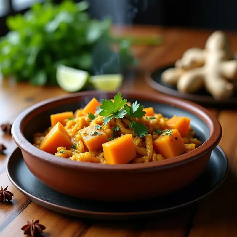 Olla de barro humeante con estofado de jackfruit y batata con cúrcuma, servido en un plato hondo de cerámica oscura. El jackfruit desmenuzado se mezcla con cubos dorados de batata, bañados en una salsa cremosa de color amarillento por la cúrcuma. Acompañado de cilantro fresco picado y rodajas de limón al lado. Fondos de cocina rústica con especias y hierbas frescas.