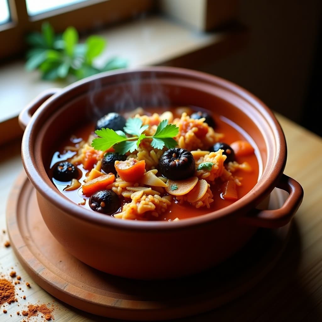 Estofado vegano de jackfruit desmenuzada y ciruelas pasas en una olla de barro, con especias morunas, almendras tostadas y cilantro fresco. Plato humeante con textura cremosa y colores tierra.