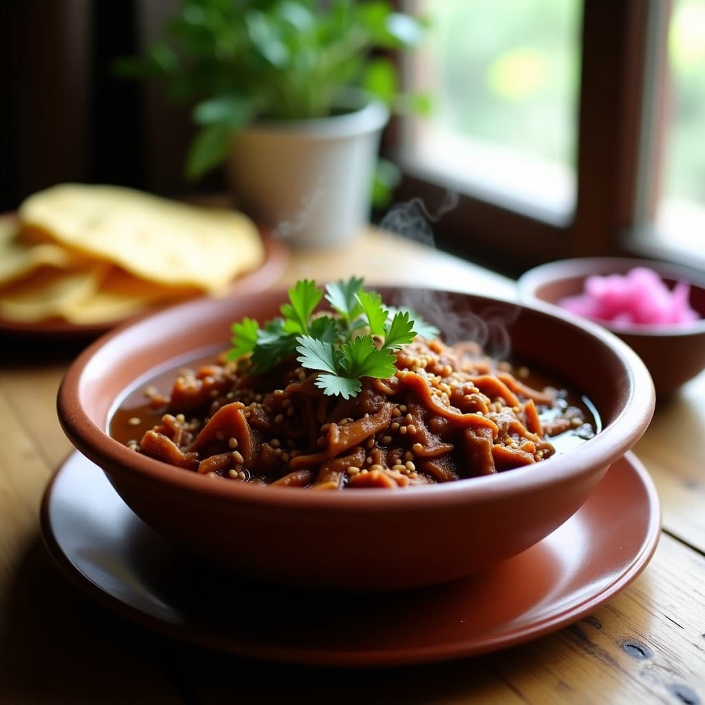 Estofado de Jackfruit en Salsa de Mole vegano servido en un plato hondo de barro, con trozos jugosos de jackfruit bañados en una salsa oscura y espesa de mole, decorado con sésamo tostado y cilantro fresco. Acompañado de arroz blanco y tortillas de maíz.
