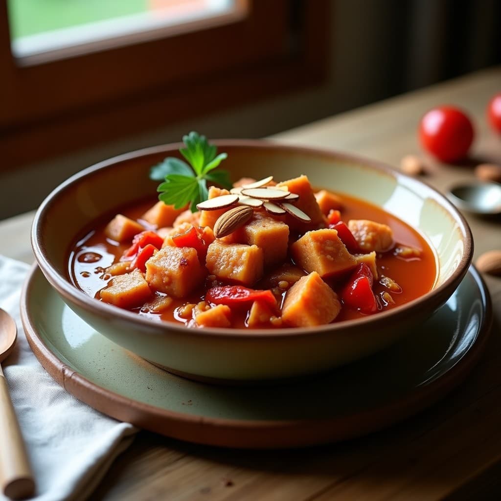 Plato hondo de barro con estofado de jackfruit y pimientos piquillo, servido con almendras fileteadas y perejil fresco. Receta vegana española en Thermomix.