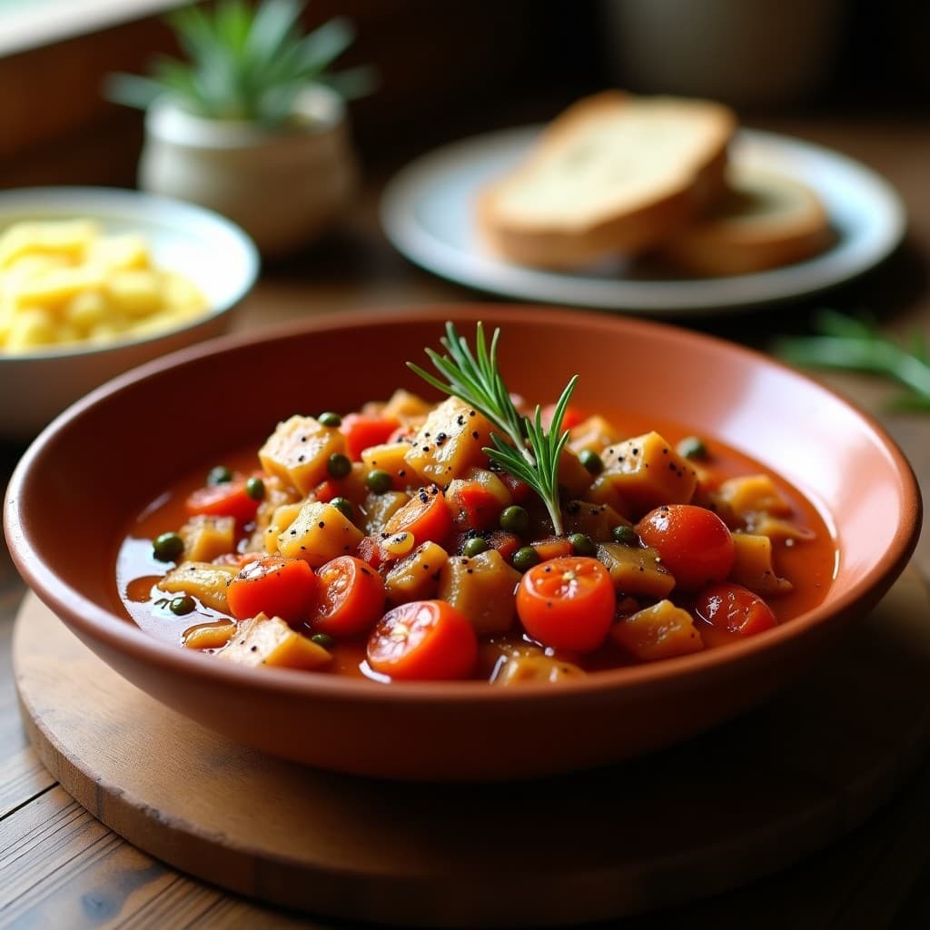 Estofado espeso de jackfruit desmenuzada en trozos dorados, bañada en una salsa oscura con tomates secos, aceitunas y hierbas, servido en un cuenco de barro rústico sobre una mesa de madera con una ramita de romero y pan tostado al lado. Receta vegana de estofado de jackfruit y tomates secos en olla lenta con sabores italianos.
