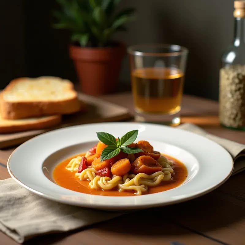 Plato hondo de barro con estofado toscano de judías blancas y salvia, espeso y cremoso, con hojas verdes de salvia fresca y rebanadas de pan tostado a un lado. Fondo rústico de madera con una cuchara de madera.