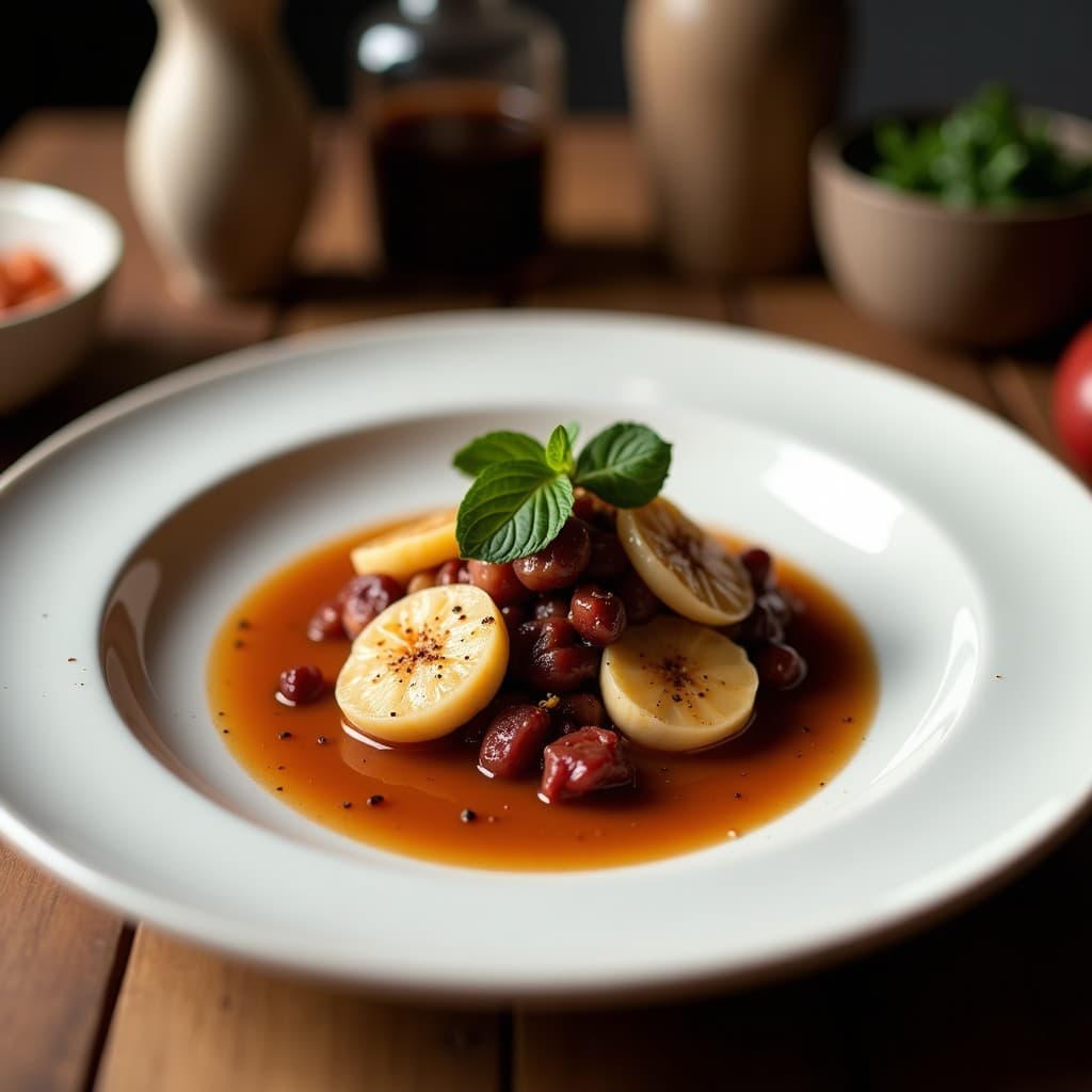 Estofado espeso de lentejas beluga negras con trozos de berros verdes frescos, cebolla morada y zanahoria, servido en un bol de barro con un hilo de vinagre balsámico oscuro. Plato vegano alto en proteína, preparado en Thermomix.