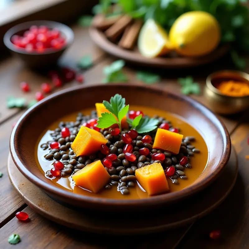 Estofado persa vegano de lentejas beluga con trozos de calabaza kabocha, especias doradas y decoración de perejil fresco, semillas de sésamo y almendras fileteadas en un bol de barro rústico.