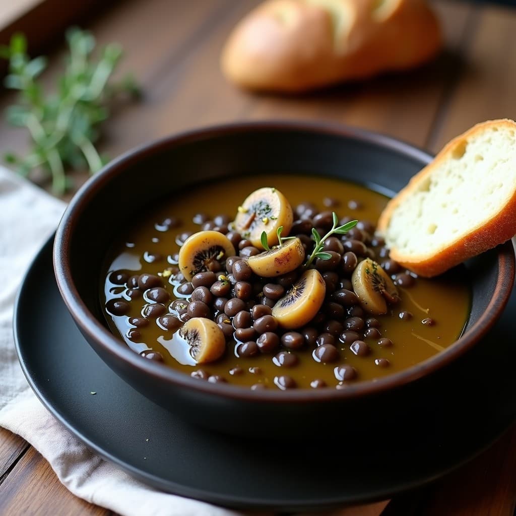 Cuenco de barro oscuro con estofado espeso de lentejas beluga negras y láminas de champiñones portobello, bañado en caldo dorado con hierbas provenzales. Acompañado de una rebanada de pan rústico y decorado con aceite de trufa. Receta de estofado de lentejas beluga y champiñones portobello en olla exprés con toque francés.