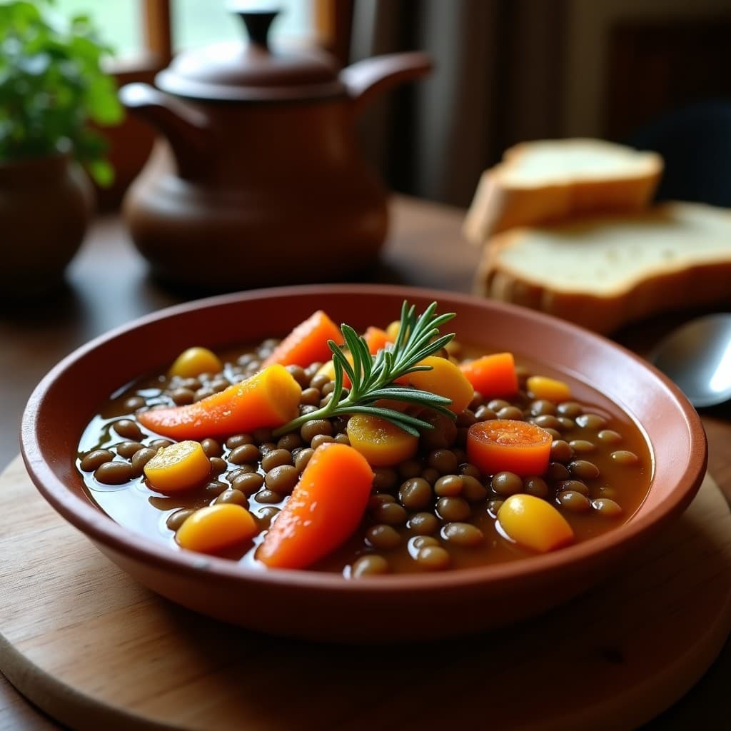 Estofado espeso de lentejas Nebbiolo en cuenco de barro, con trozos de zanahoria, calabacín y tomate visibles, decorado con romero fresco y un hilo de aceite de oliva. Plato rústico italiano en olla exprés.