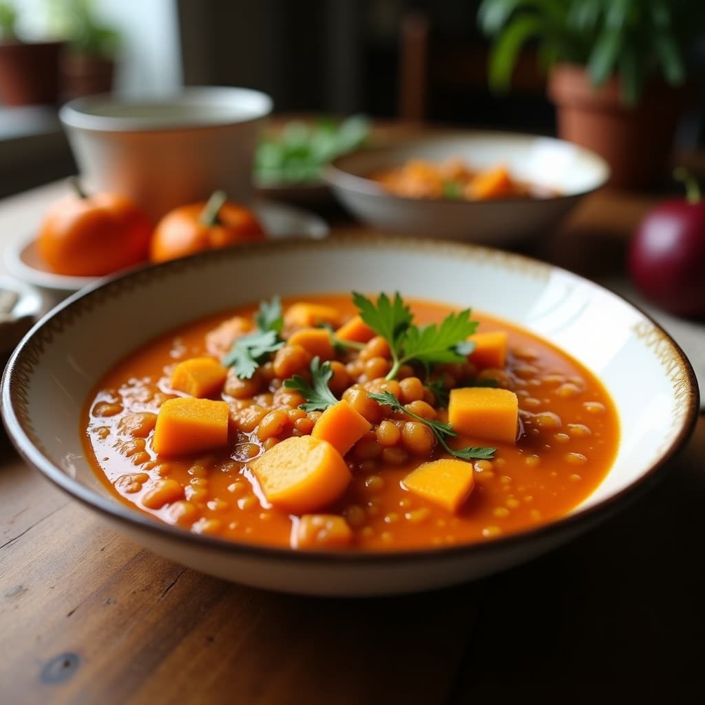Estofado vegano de lentejas rojas y calabaza con leche de coco servido en un bol de cerámica oscura, con almendras fileteadas tostadas y un hilo de aceite de oliva. Plato reconfortante y cremoso, ideal para olla lenta.