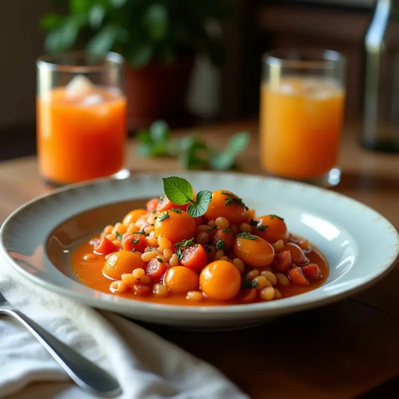 Estofado de ostras y Coca-Cola en olla express, receta italiana povera gourmet: plato hondo de barro con ostras tiernas en caldo dorado espeso, decorado con romero fresco y virutas de limón, acompañado de pan rústico tostado.