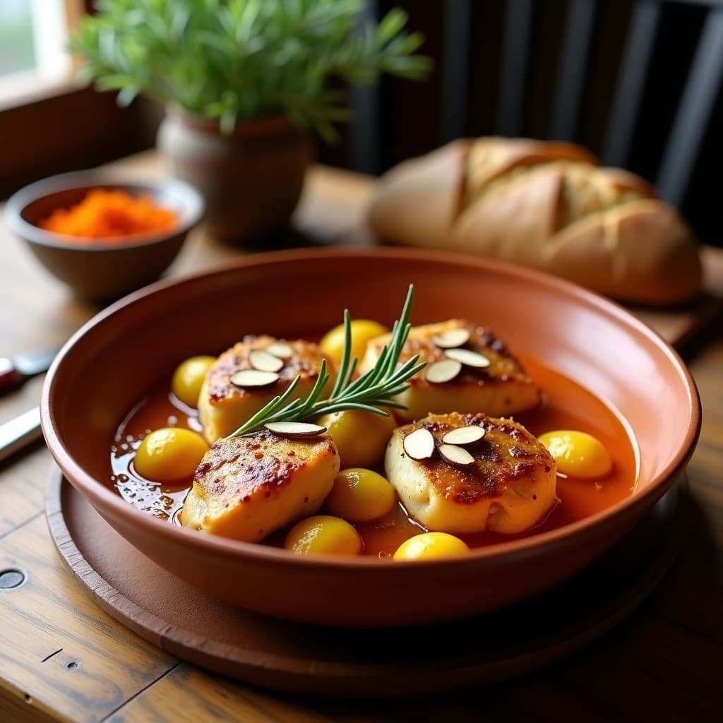 Estofado español de pollo con alcachofas y azafrán en olla lenta, servido en plato hondo de barro con salsa dorada y almendras fileteadas.