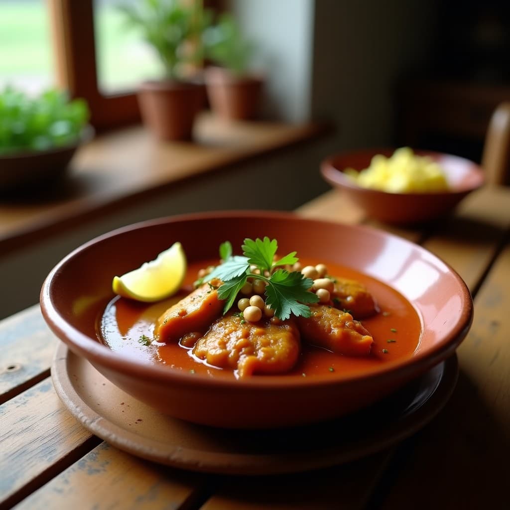 Estofado etíope de pollo con cacahuetes y especias de berberé servido en un cuenco de barro oscuro, con trozos de pollo dorado, salsa espesa de color rojizo y cacahuetes tostados espolvoreados. Acompañado de hojas de cilantro fresco y rodajas de limón al lado, sobre una mesa de madera rústica.