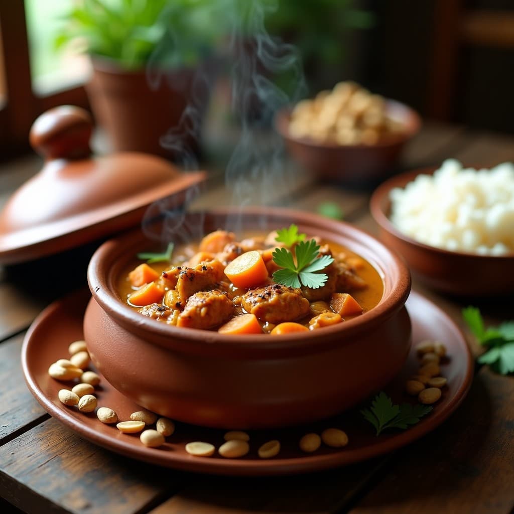 Cazuela de barro humeante con estofado de pollo y cacahuetes, espeso y dorado, servido con arroz blanco y espolvoreado con cacahuetes tostados. Receta africana en olla lenta con toques exóticos de especias.