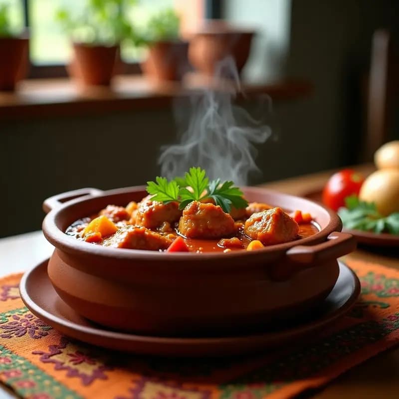 Cazuela de barro humeante con estofado de pollo al estilo etíope con berbere, trozos de pollo dorado en salsa espesa y oscura, decorado con cilantro fresco y rodajas de limón, acompañado de pan injera. Receta africana picante y aromática.