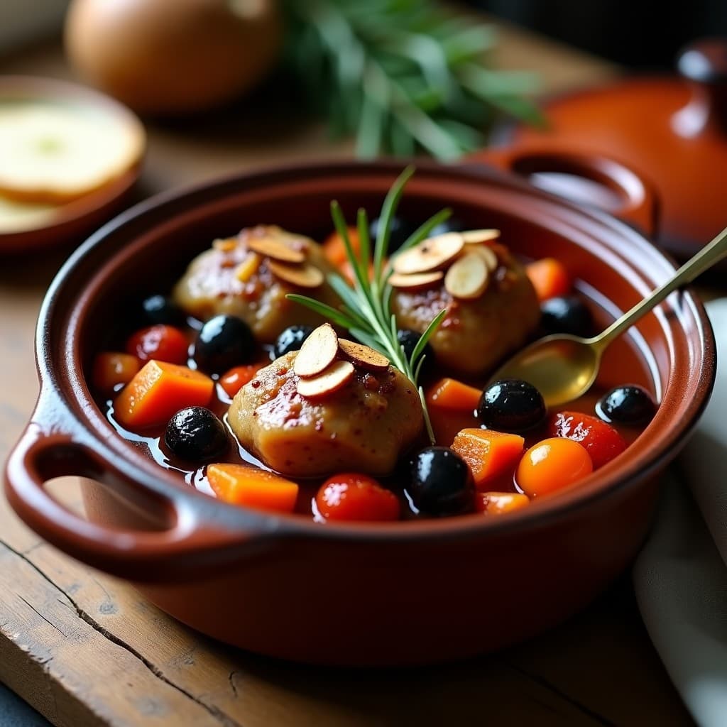 Estofado de conejo en cazuela de barro con salsa oscura y espesa, aceitunas kalamata enteras, zanahorias baby y almendras tostadas por encima. Hierbas provenzales frescas como decoración. Plato rústico y reconfortante.