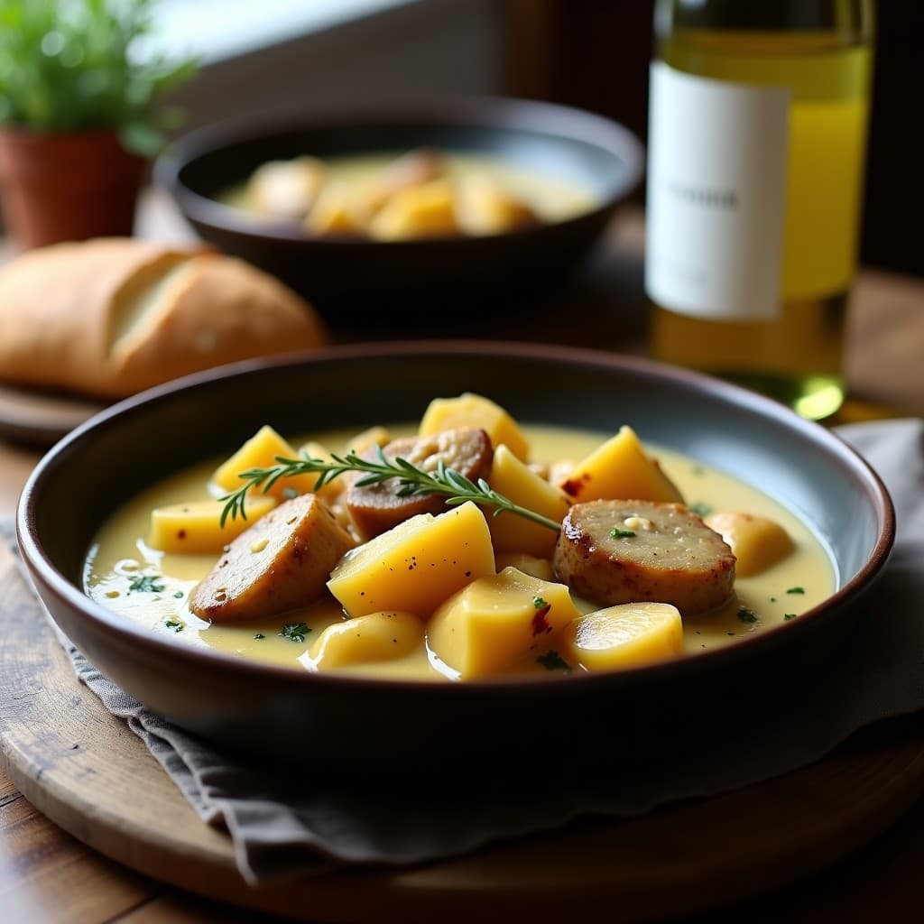 Estofado francés vegano en olla de barro con trozos de seitan dorado, alcachofas tiernas y salsa de vino blanco espesa, decorado con ramas de tomillo fresco sobre fondo rústico de madera.