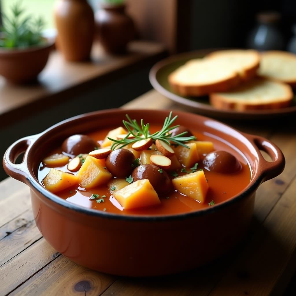 Estofado de seitan y castañas en olla express servido en cuenco de barro, con trozos de seitan dorado, castañas enteras y almendras fileteadas, decorado con romero fresco sobre fondo rústico de madera.