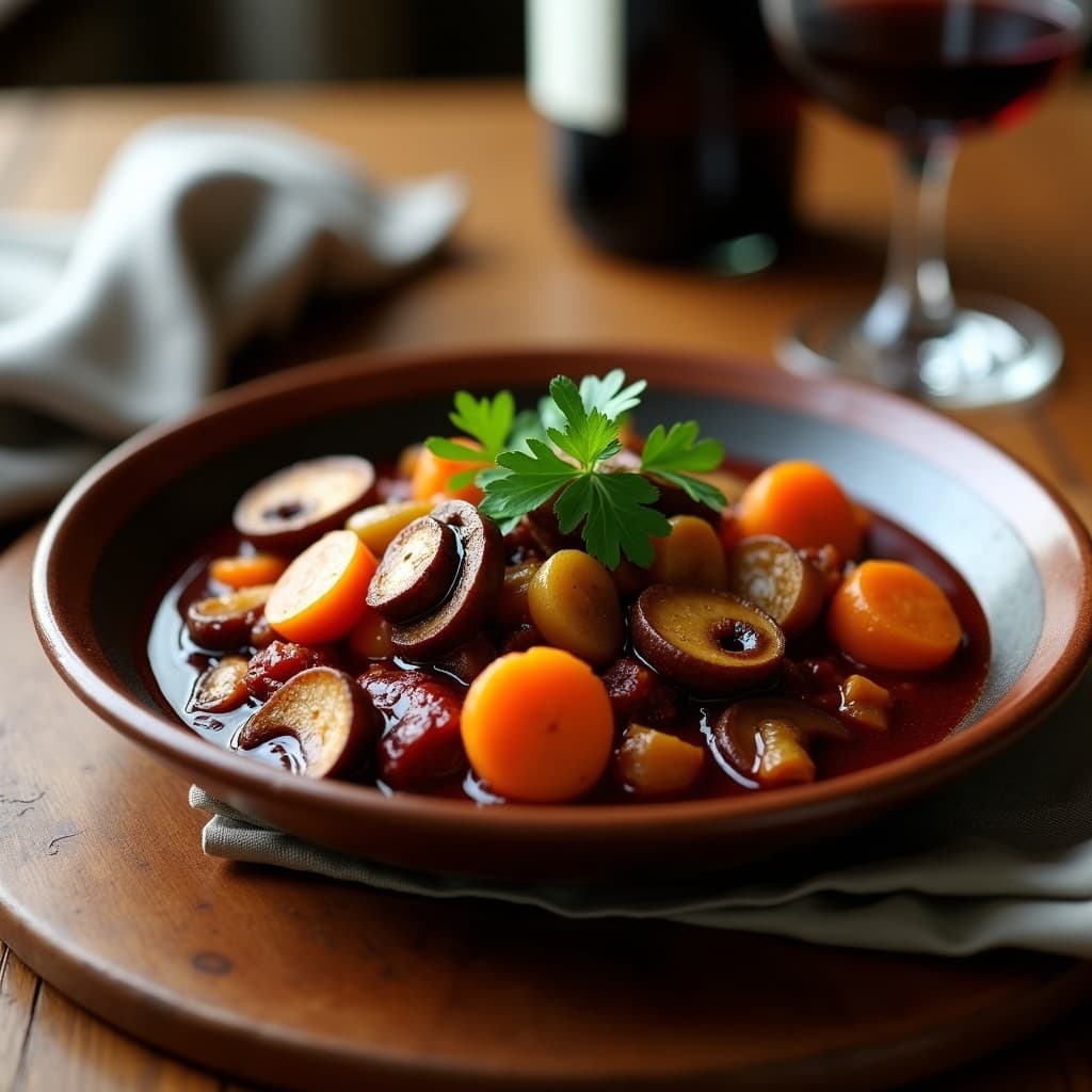 Estofado francés de seitán y champiñones portobello en salsa de vino tinto, servido en un plato hondo de barro con perejil fresco. Textura cremosa y color oscuro intenso, ideal para recetas altas en proteína vegana.
