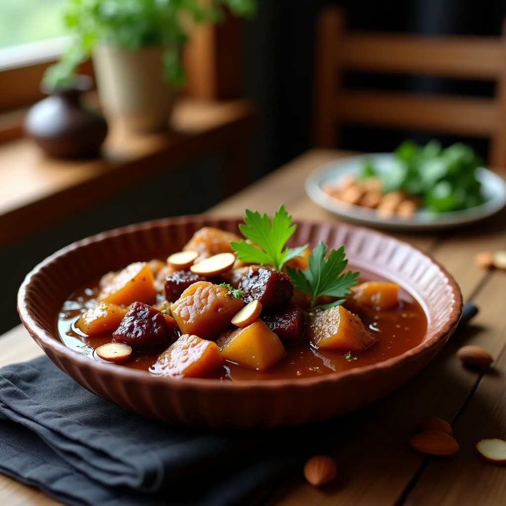Estofado de seitán con ciruelas y especias bereberes servido en un plato hondo de cerámica oscura, con trozos dorados de seitán, ciruelas pasas brillantes y un espolvoreado de almendras fileteadas y cilantro fresco. Receta vegana y alta en proteína cocinada en Thermomix.