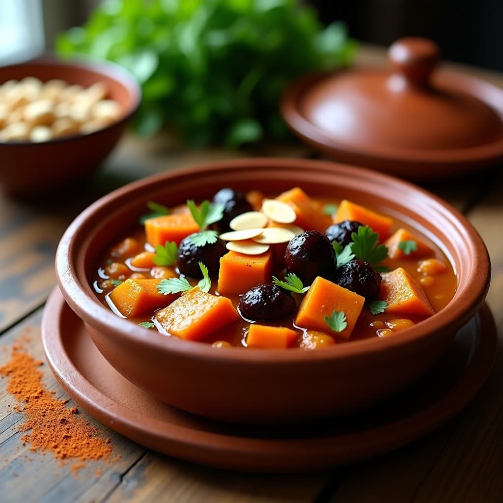 Cazuela de barro humeante con estofado de seitán en trozos dorados, ciruelas pasas oscuras y zanahorias en un caldo espeso y aromático, espolvoreado con almendras tostadas y cilantro fresco, receta marroquí alta en proteína.