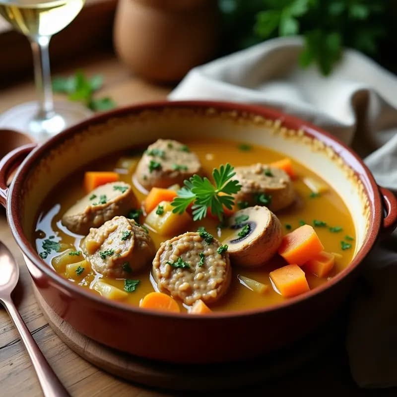 Estofado espeso de seitán en trozos dorados bañados en salsa de vino blanco y hierbas provenzales, servido en un plato hondo de barro con champiñones y perejil fresco. Receta francesa alta en proteína en Thermomix.