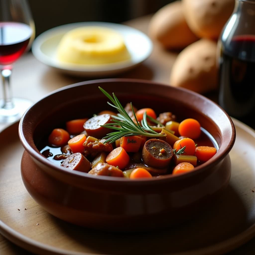 Estofado italiano vegano de seitán al vino tinto con trozos dorados de seitán, hongos porcini rehidratados y verduras en un plato hondo de barro, servido con polenta cremosa y decorado con romero fresco.