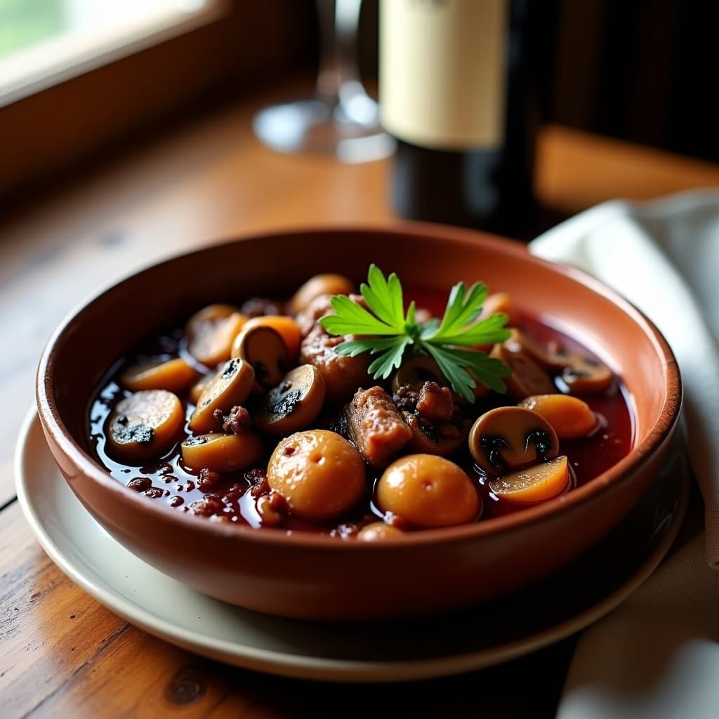Estofado de seitán al vino tinto con setas shiitake en olla exprés, servido en plato hondo de barro con salsa espesa y brillante, decorado con romero fresco.