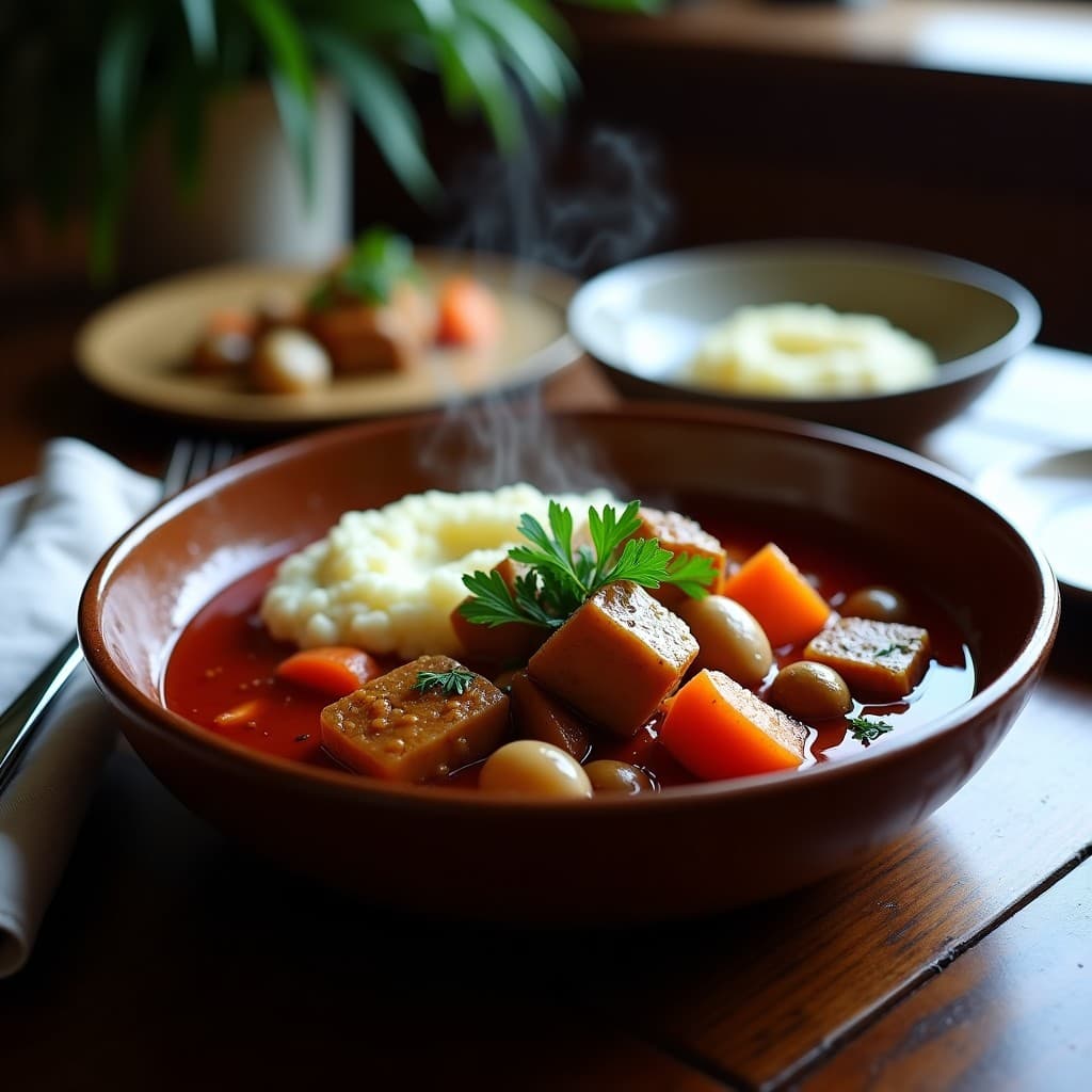 Estofado vegano gourmet en plato hondo de barro: trozos dorados de seitán bañados en salsa de vino tinto espesa, con setas shimeji enteras y zanahoria en cubos. Decorado con perejil fresco y servido con puré de coliflor cremoso.