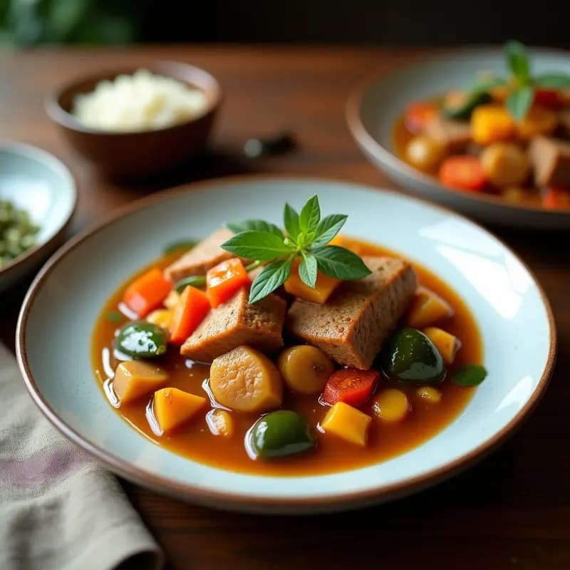 Olla de barro con estofado de seitán en trozos dorados, verduras cocidas y una cremosa salsa de tahini espolvoreada con perejil fresco. Plato vegano alto en proteína servido en un cuenco rústico.
