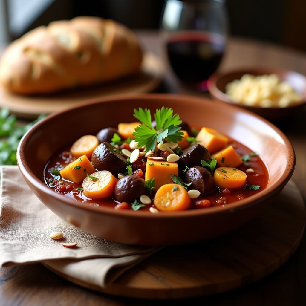 Estofado espeso de tempeh dorado y berenjena en cubos, bañado en salsa oscura de vino tinto y especias morunas, decorado con almendras fileteadas y perejil fresco en un plato hondo de barro. Receta vegana española en olla exprés.