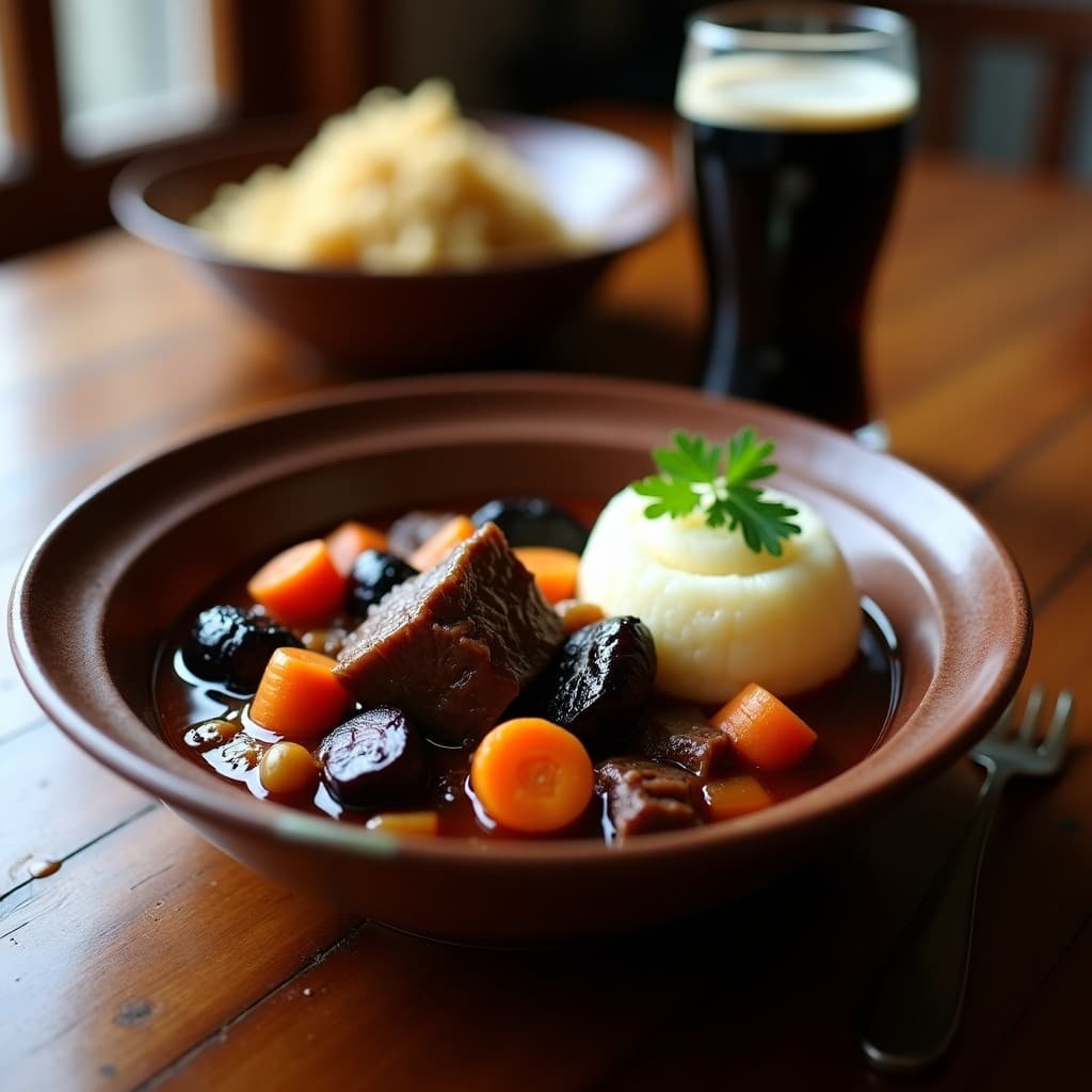Plato hondo de barro con estofado de ternera con cerveza negra y ciruelas, servido con puré de patatas. La salsa oscura y brillante resalta los trozos de carne tierna, zanahorias y ciruelas pasas enteras. Decorado con perejil fresco.