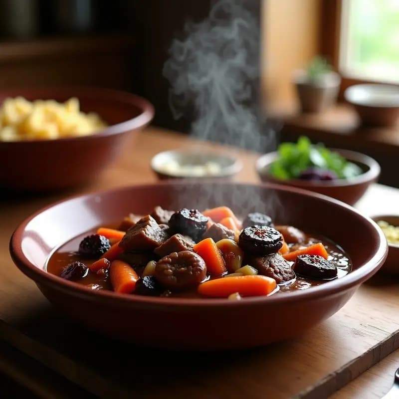 Estofado de ternera con ciruelas y vino tinto servido en un plato hondo de barro, con trozos tiernos de carne bañados en salsa oscura y ciruelas pasas visibles. Acompañado de zanahorias y cebollas cocidas, sobre una mesa rústica de madera.