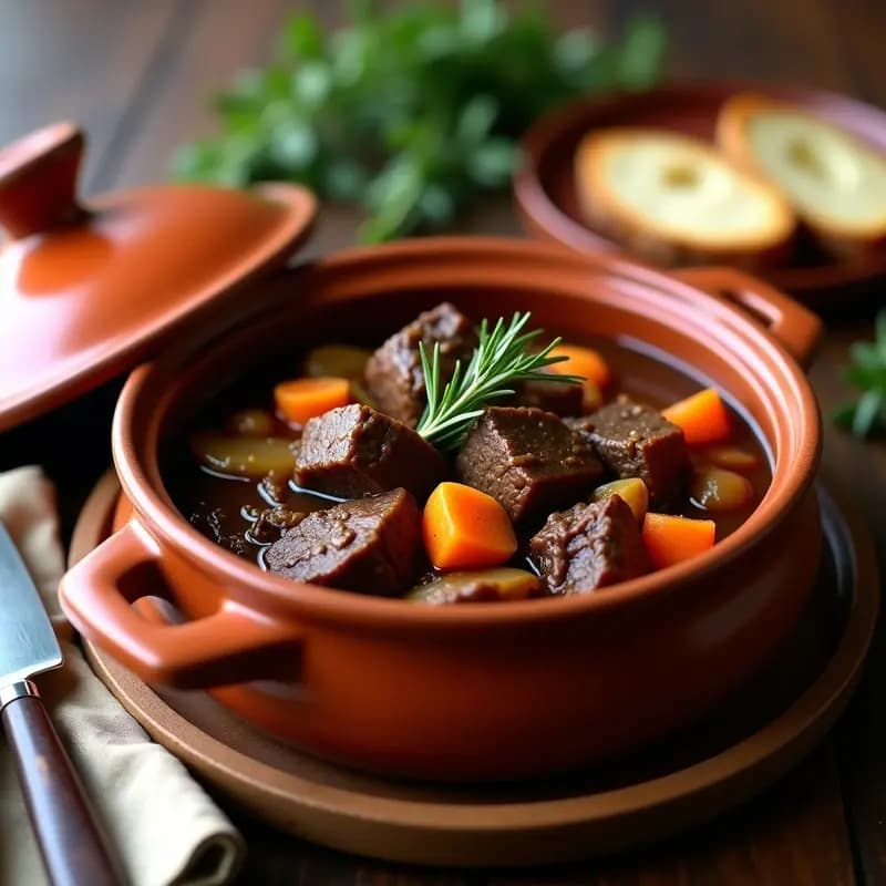 Olla de barro humeante con estofado de ternera con setas y vino tinto, trozos de carne dorada, setas de cardo y verduras en salsa espesa, servido en plato hondo de cerámica rústica sobre mesa de madera.