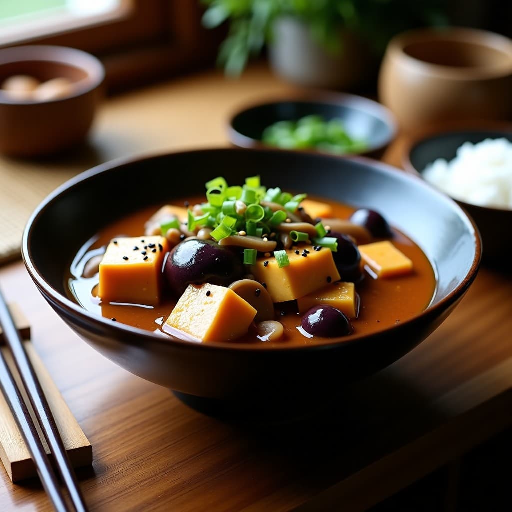 Estofado japonés de tofu dorado y berenjena en salsa de miso, con champiñones shiitake y semillas de sésamo negro, servido en un bol de cerámica oscura sobre una mesa de madera rústica.