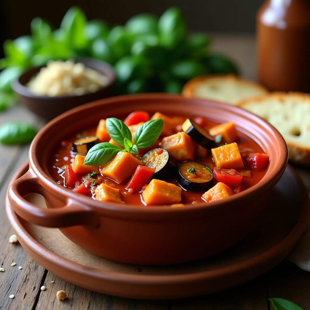Olla de barro rústica con estofado de tofu dorado y berenjenas en salsa de tomate espesa, decorado con hojas de albahaca fresca. Receta italiana vegana alta en proteína.