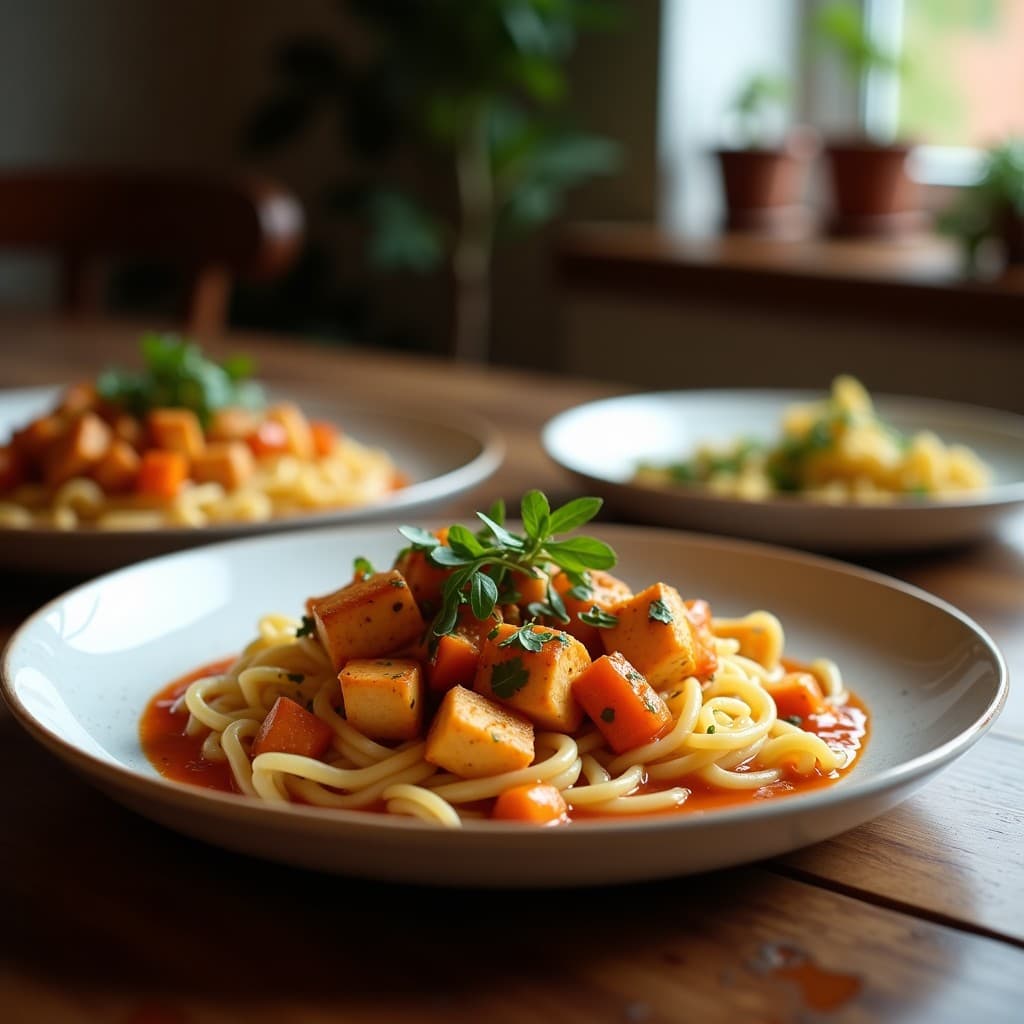 Estofado chino vegano en cuenco de cerámica negra con tofu dorado, castañas enteras y caldo espeso de color ámbar, decorado con cebollino y semillas de sésamo negro. Especias de cinco sabores visibles en el fondo.