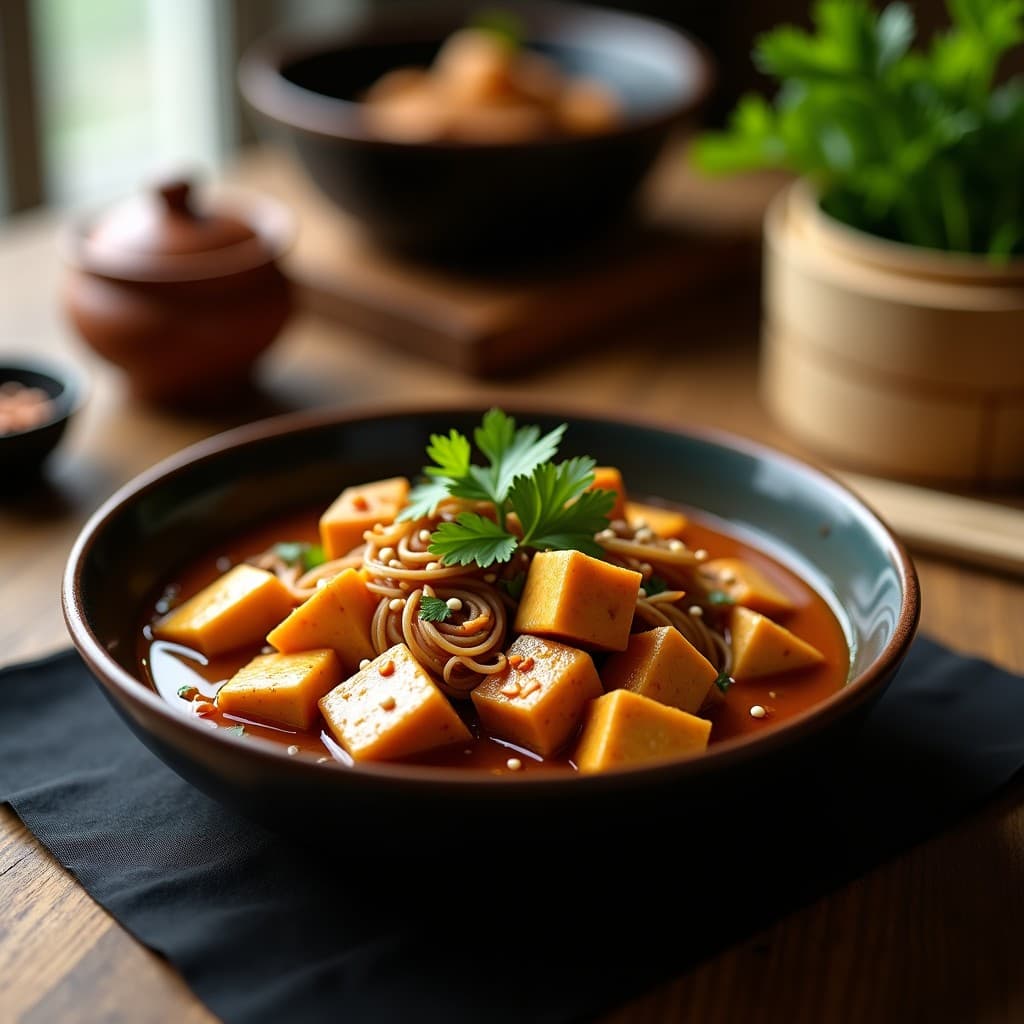 Estofado de tofu dorado y raíces de loto en rodajas en un bol hondo de cerámica oscura, bañado en una salsa espesa y aromática con especias chinas. Decorado con cilantro fresco y semillas de sésamo, sobre una mesa de madera con mantel individual.
