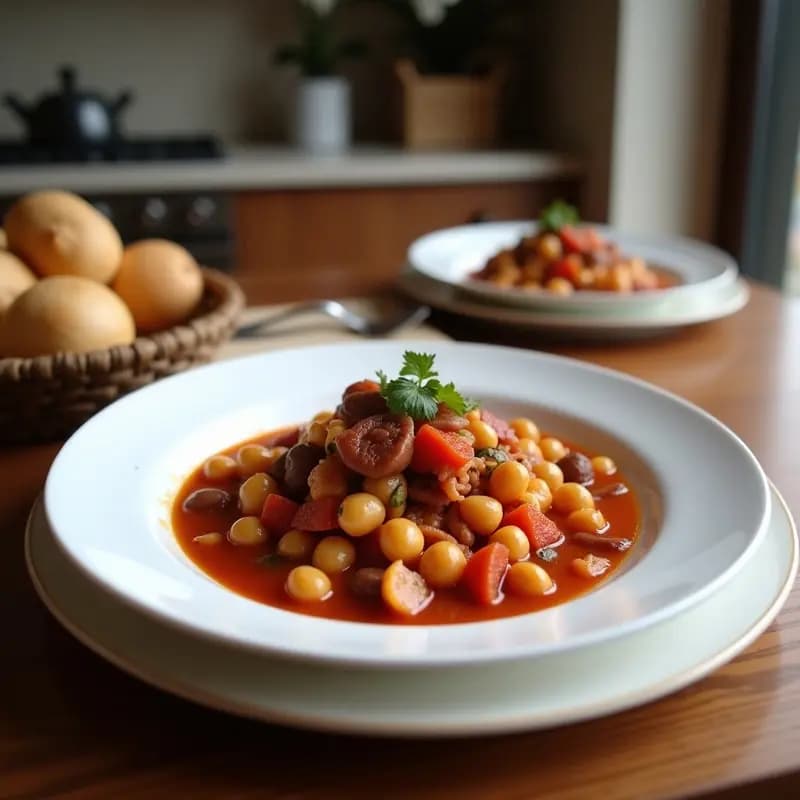 Olla de barro humeante con fabada asturiana con compango, fabes grandes blancas en caldo espeso junto a rodajas de chorizo, morcilla y tocino, servida en cuenco rústico de cerámica sobre mesa de madera.