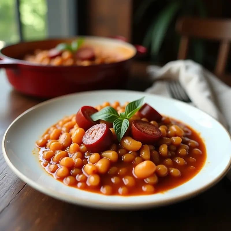 Cazuela de barro humeante con fabada asturiana express, fabes blancas cremosas, rodajas de chorizo asturiano y trozos de morcilla de cebolla en un caldo espeso. Plato tradicional español servido con pan rústico al lado.