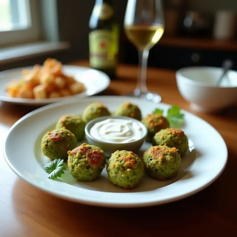 Bolitas doradas de falafel de garbanzo verde sobre una bandeja de madera rústica, acompañadas de un bol pequeño con salsa de yogur griego cremosa y decoradas con hojas de menta fresca. Plato típico mediterráneo sin freír, alto en proteína.