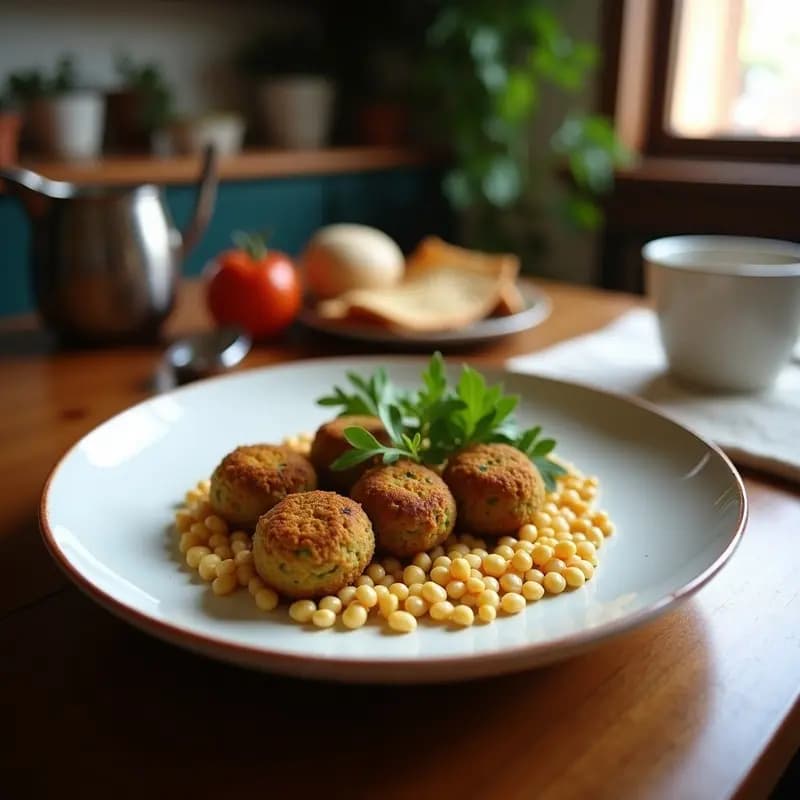 Plato de falafel de garbanzos al horno dorados y crujientes, servidos con salsa de tahini cremosa y decorados con semillas de sésamo, rodajas de limón y hierbas frescas. Receta Middle Eastern sin gluten, alta en proteína y vegana.