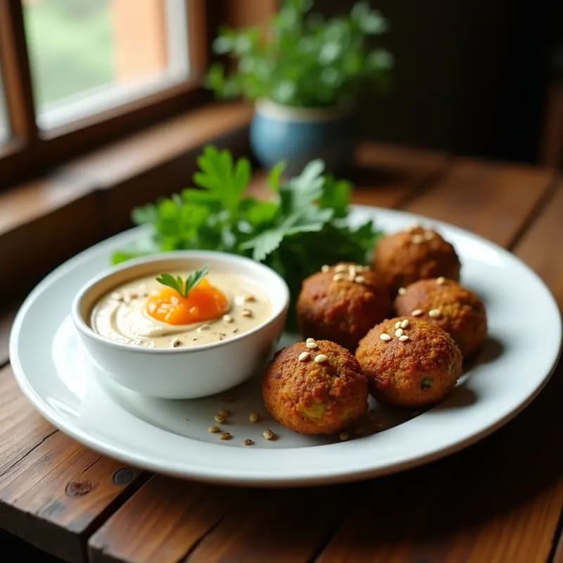 Plato blanco con falafel dorados y crujientes de garbanzos negros, acompañados de una salsa cremosa de tahini con vetas doradas y semillas de granadilla. Decorado con hojas de perejil fresco y semillas de sésamo tostadas, sobre un fondo rústico de madera.
