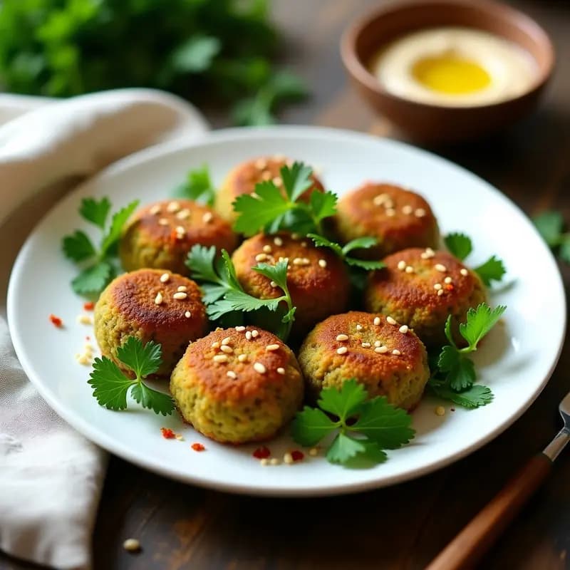 Plato blanco con falafel de garbanzos verdes crudivegano en forma de croquetas doradas, cubiertas de semillas de sésamo, acompañadas de hierbas frescas y una salsa cremosa de tahini. Receta árabe saludable y sin cocción.