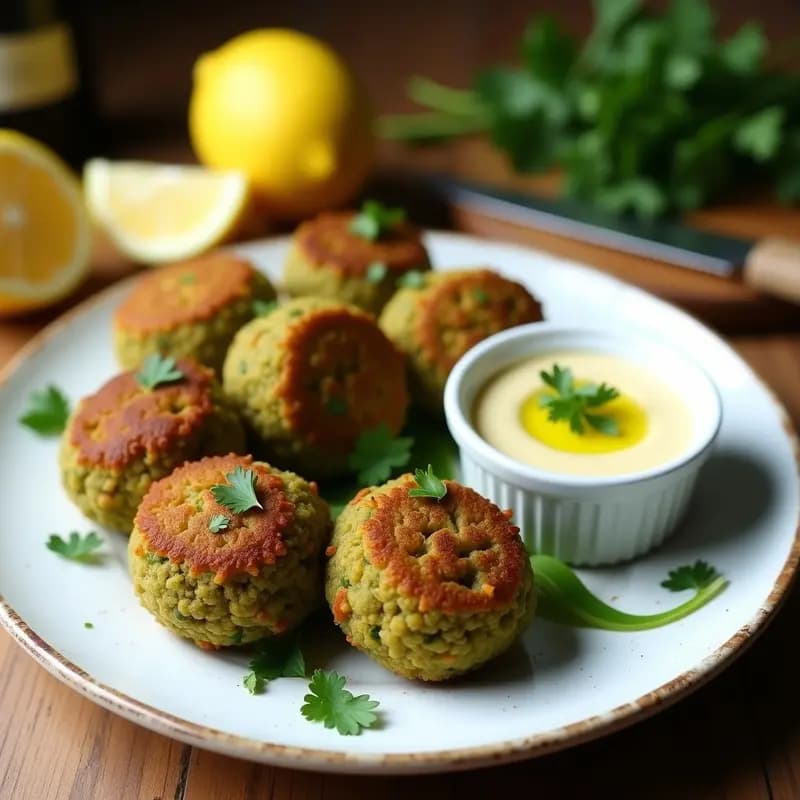 Plato de falafel de garbanzos verdes dorados y crujientes, acompañados de una salsa cremosa de limón y ajo, decorados con rodajas de limón y hojas de cilantro fresco sobre un fondo rústico de madera.