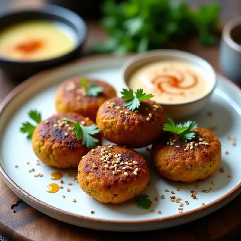 Falafel dorados y crujientes de habas y ajo negro servidos en plato rústico con salsa de tahini cremosa, decorados con semillas de sésamo y perejil fresco, receta gourmet árabe en airfryer.