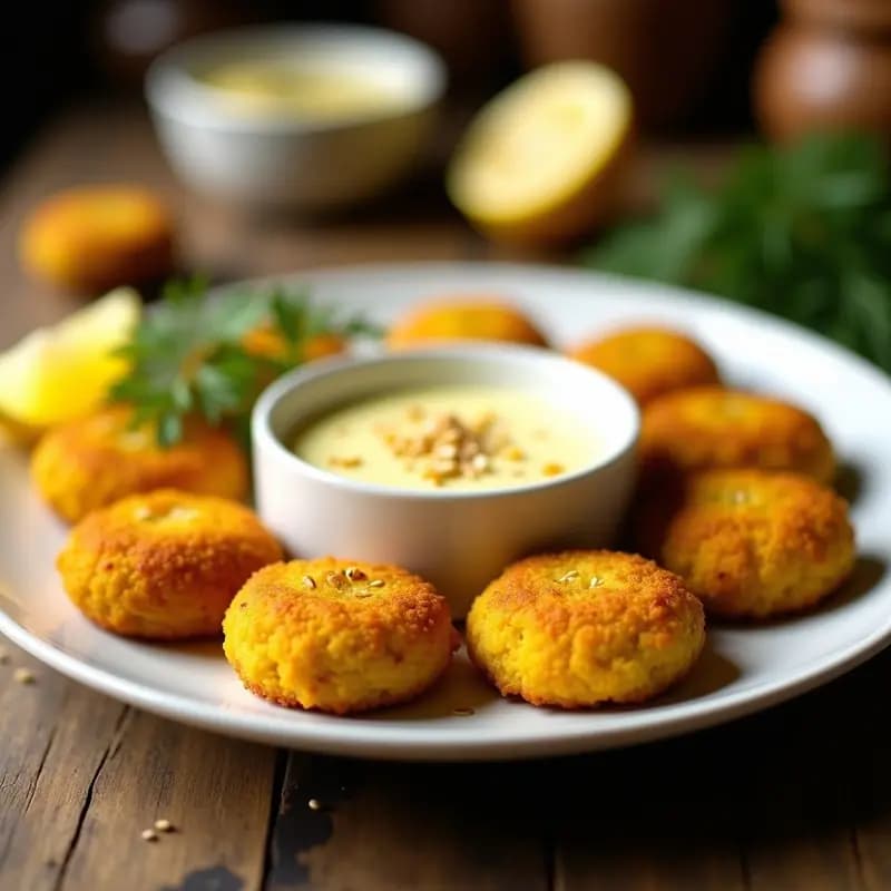 Croquetas doradas de falafel persa con azafrán, servidas en plato blanco con salsa cremosa de limón y eneldo, espolvoreadas con semillas de sésamo tostadas.