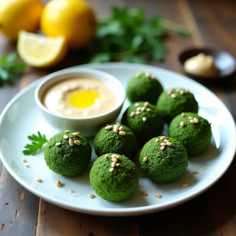 Plato blanco con falafel verde azulado de habas y espirulina uniformemente redondos, acompañados de un dip cremoso de tahini y decorados con perejil fresco y semillas de sésamo, receta vegana y crudivegana.