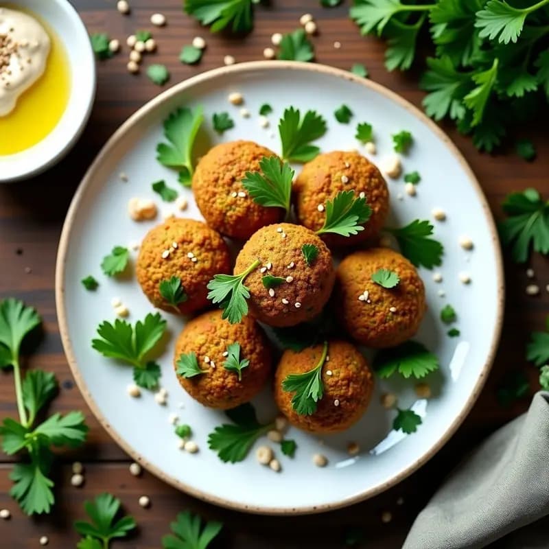 Falafel de habas y hierbas frescas crudivegano en plato rústico, dorados y crujientes, acompañados de salsa de tahini, rodajas de tomate, pepino y hojas de menta. Receta libanesa sin garbanzos.