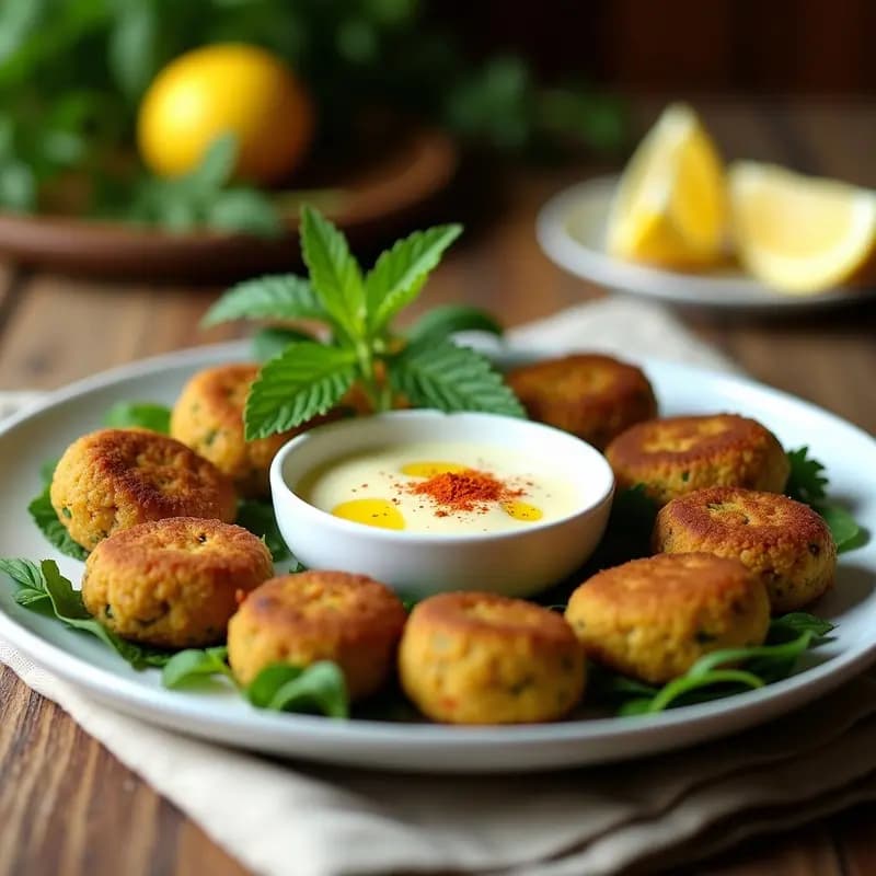 Plato blanco con falafel de habas y hierbas dorados y crujientes, acompañados de una salsa de limón cremosa en un bol pequeño. Decorado con hojas de menta fresca y rodajas de limón al fondo. Receta de falafel egipcio rápido y vegano.