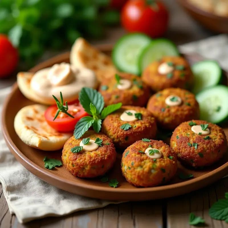 Plato de falafel de habas egipcio dorado y crujiente, acompañado de hierbas frescas como cilantro y perejil, servido sobre pan de pita integral con salsa de tahini. Receta vegana y alta en fibra.