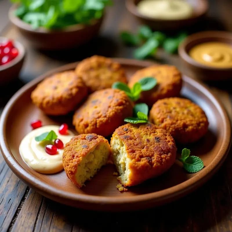 Falafel de habas al horno dorados y crujientes, servidos en un plato blanco con salsa de tahini cremosa, semillas de granada rojas y hojas de menta fresca, receta libanesa sin fritura.