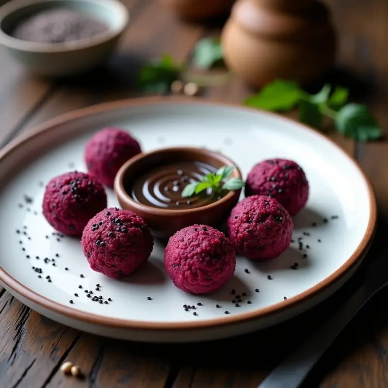 Plato de falafel de habas negras y remolacha con tahini de sésamo negro, presentados en forma de bolitas doradas y crujientes sobre un fondo blanco, acompañados de una salsa negra brillante. Decorados con perejil fresco y semillas de sésamo negro, con un toque de color morado de la remolacha visible en el interior.